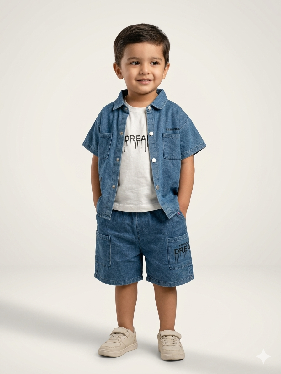 Boys Three-Piece Denim Outfit Set with Graphic Tee and Matching Cargo Shorts in Two Colors