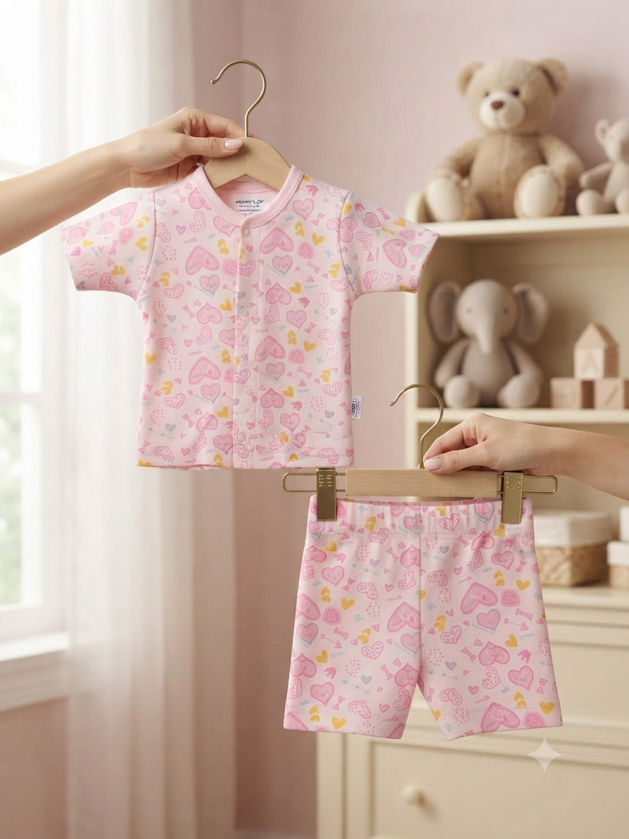 Pink Heart Print Cotton Baby Summer Set Cute Short Sleeve Tee And Shorts