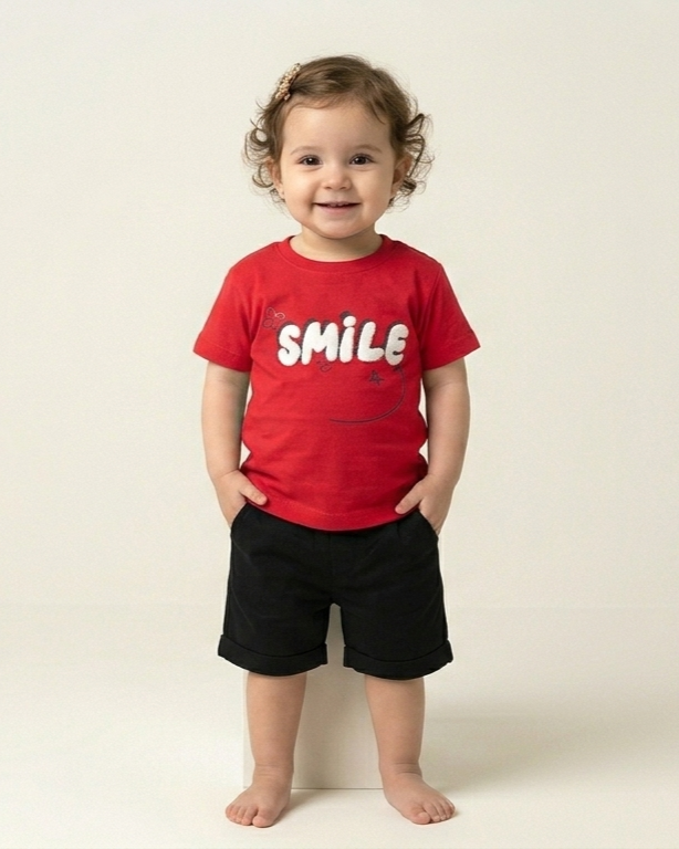 Premium Cotton Red Smile Print T-Shirt With Comfortable Black Shorts For Toddler Kids