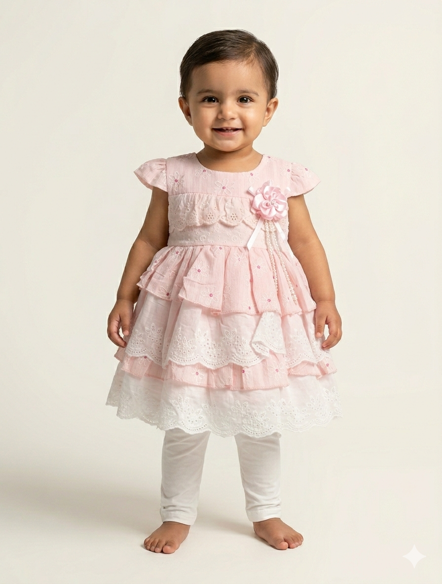 Adorable Toddler Girl Layered Eyelet Lace Party Dress in Classic White and Soft Pink