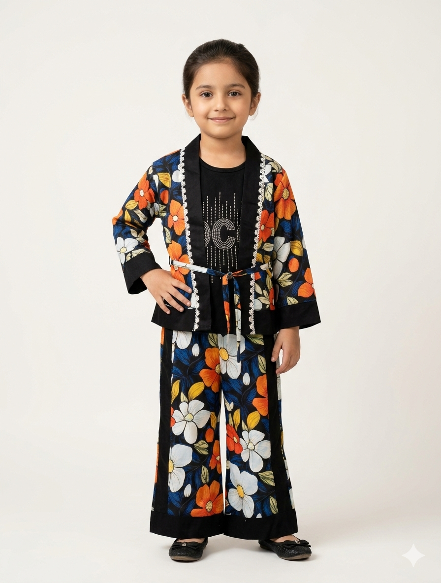 Chic Girls Three Piece Floral Kimono Set with Lace Trim and Wide Leg Contrast Trousers