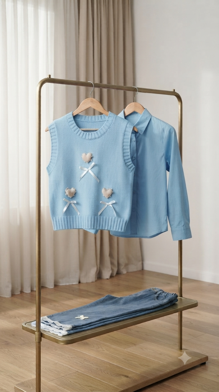 Charming Kids Knitted Vest And Matching Shirt With Denim Pants For Stylish Wear