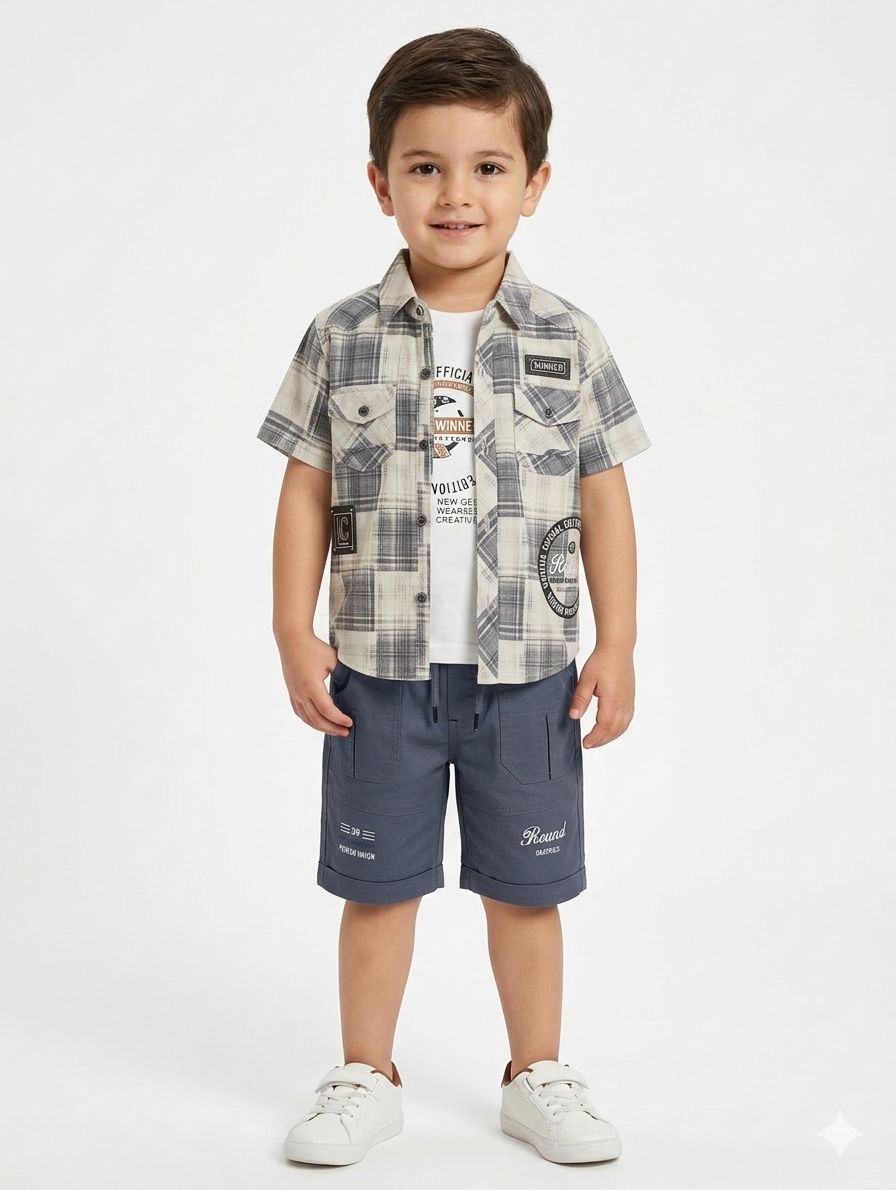Boys’ Casual Three-Piece Plaid Shirt, Graphic Tee, and Chino Shorts Set in Earthy Tones