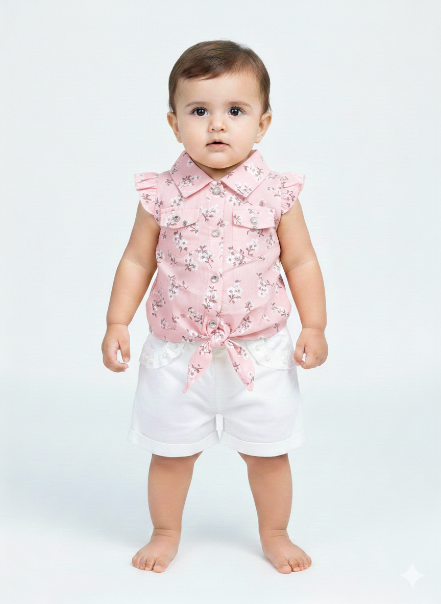 Adorable Baby Girls' Yellow Floral Tie-Front Flutter Sleeve Shirt and White Denim Shorts Set