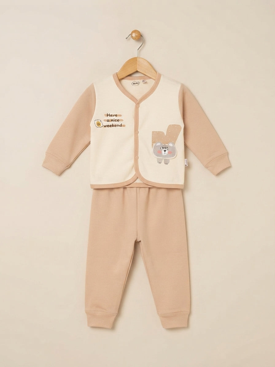 Cute Kids Cotton Have A Nice Weekend Graphic Button Up Top And Matching Trouser Outfit Set
