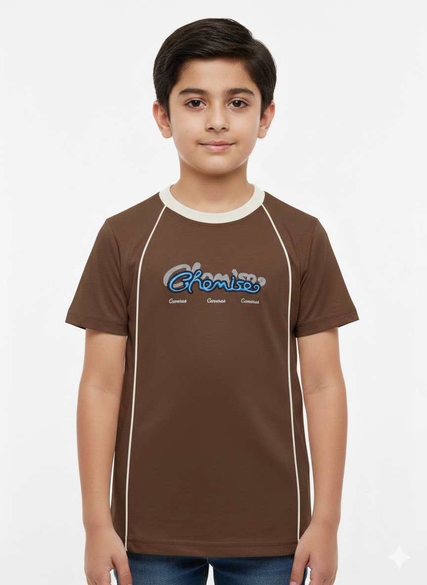 Smart Boys Casual Cream T-Shirt With Contrast Piping And Stylish Graphic Logo Detail