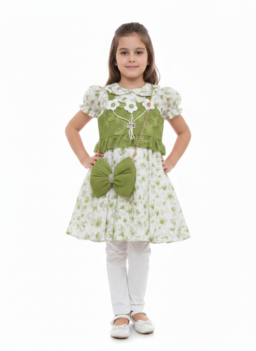 Girls' Floral Puff Sleeve Party Dress with Layered Bodice and Matching Bow Accessory Set