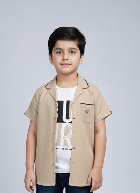 Sophisticated Boys' Light Blue and White Resort Shirt with Contrast Black Piping and Graphic Inner Tee