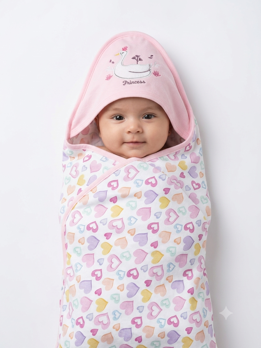 Pink Heart Print Cotton Hooded Baby Swaddle Blanket With Cute Princess Swan Design