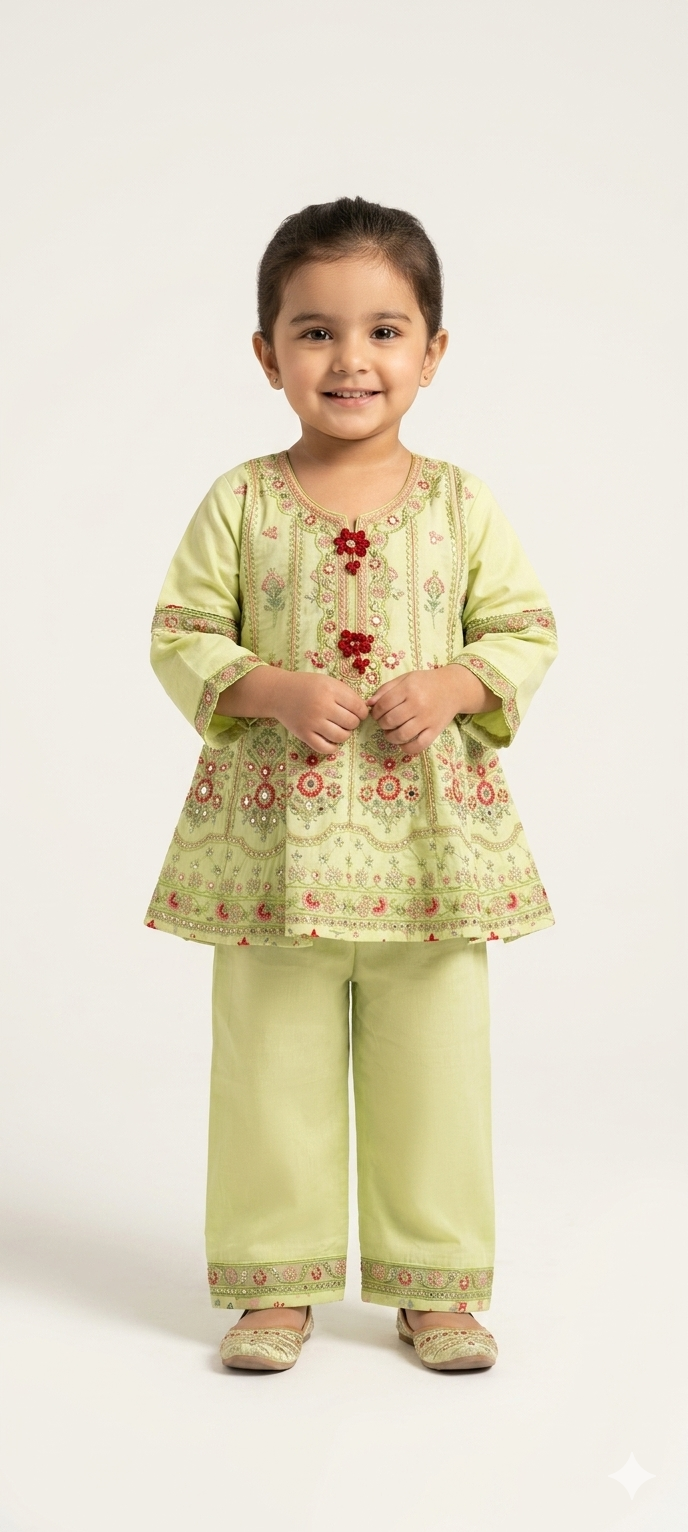 Girls' Embroidered Peplum Kurta and Wide-Leg Pants Two-Piece Eid Outfit Set