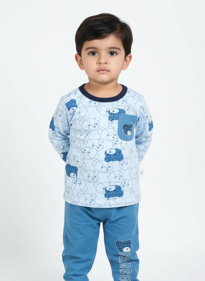 China Imported Kids Night Suit – Bear Print Character | Soft Cotton Nightwear