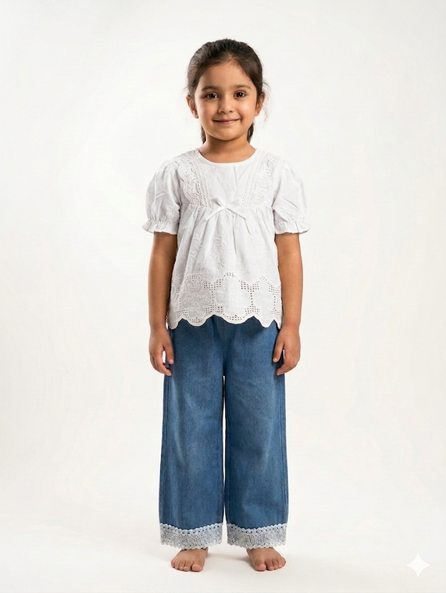 Girls Embroidered White Cotton Frock and Wide Leg Denim Jeans Two Piece Summer Outfit Set