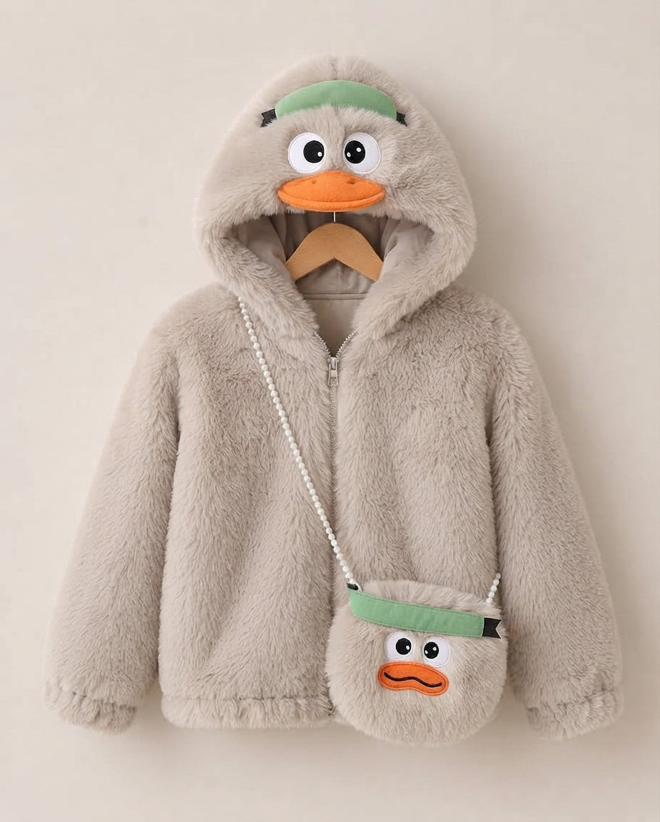 Cute Fluffy Duck Hooded Winter Jacket With Matching Purse For Kids
