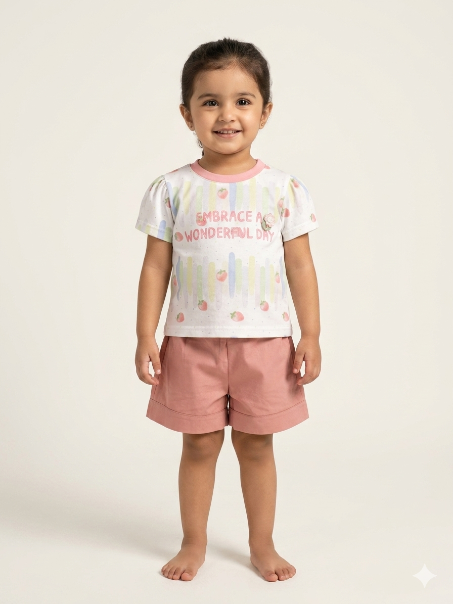 Comfortable Peach Shorts With Printed Top For Stylish Baby Girls Premium Casual Summer Outfit