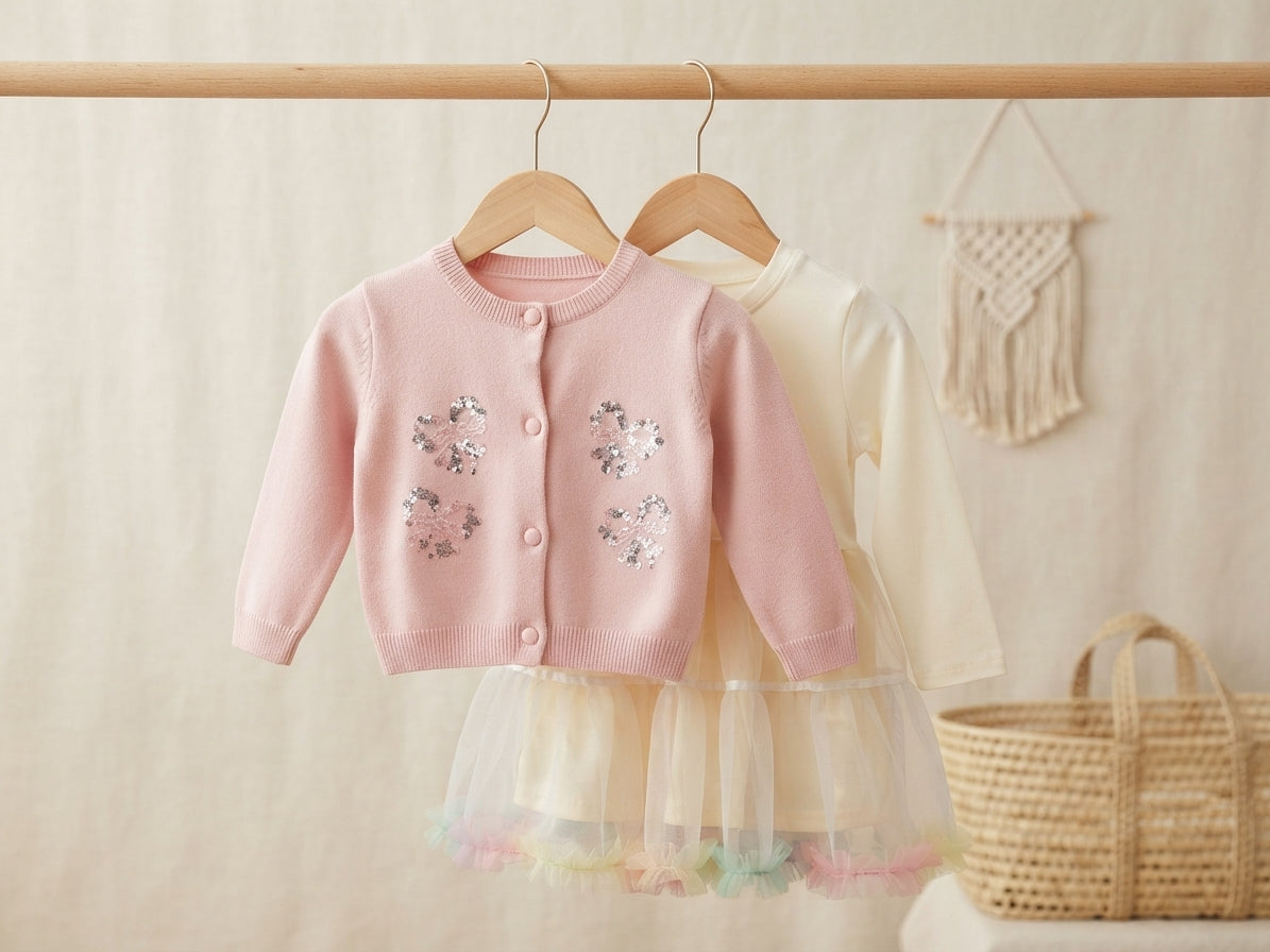Stylish Kids Two Piece Sequin Heart Cardigan And Tulle Dress Set