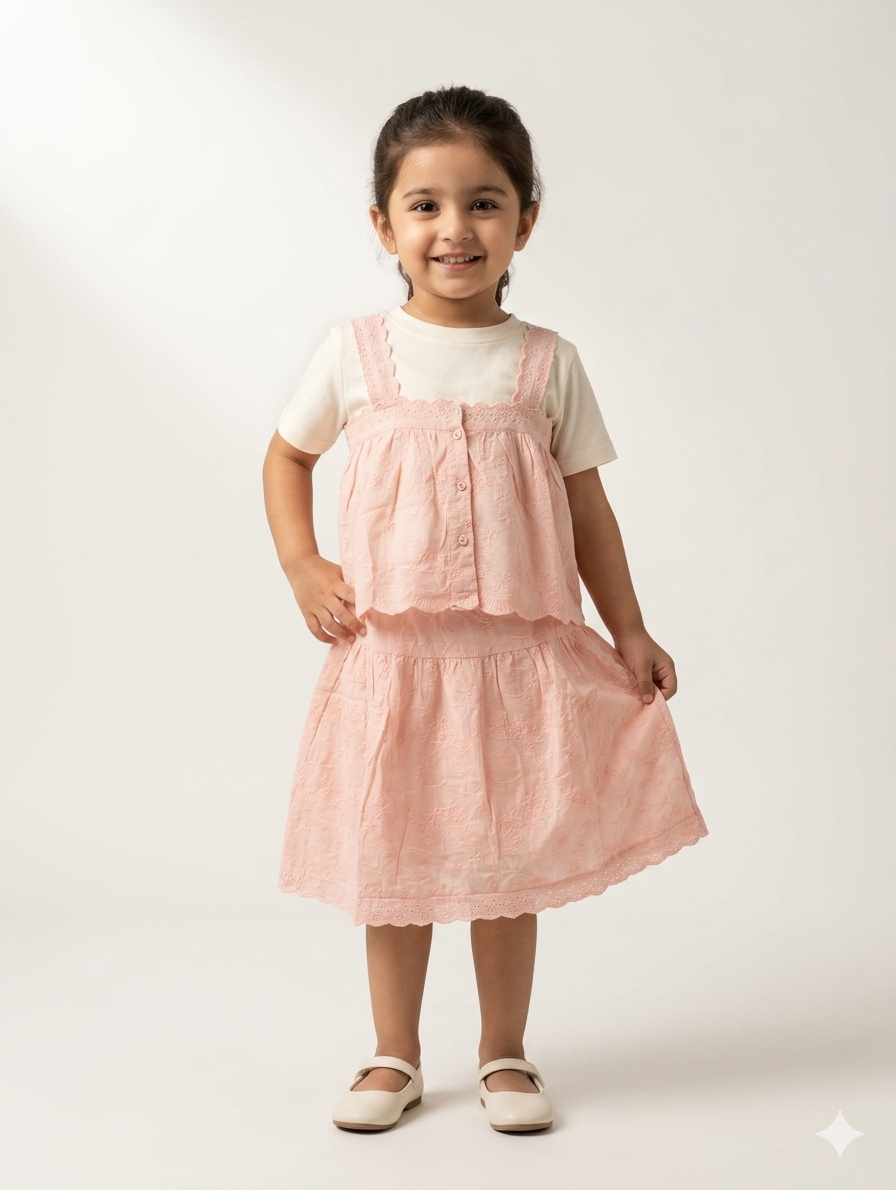 Elegant Girls' Eyelet Lace Two-Piece Set with Button-Down Top and Matching Tiered Skirt Outfit
