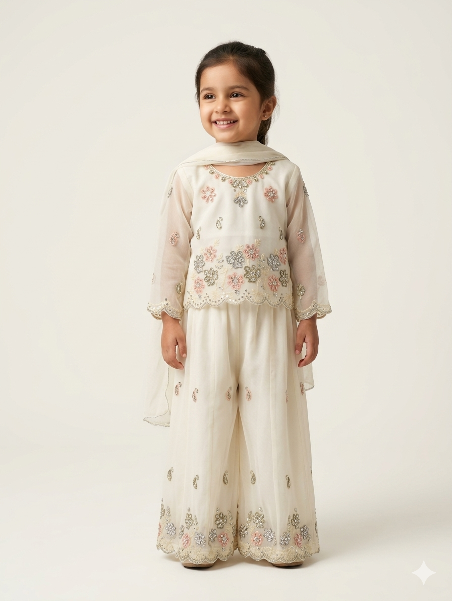 Elegant Kids Embroidered Pastel Organza Tunic and Wide Leg Trouser Set for Special Occasions