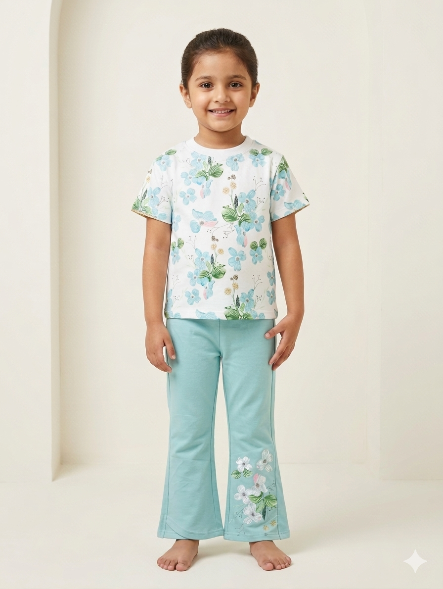 Girls Floral Print T-Shirt and Flare Pants Two-Piece Cotton Summer Casual Loungewear Set