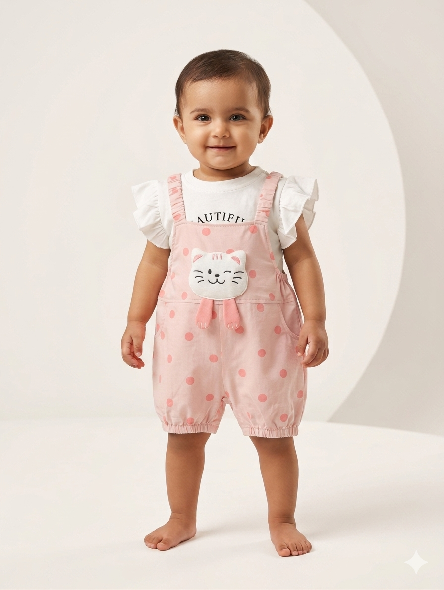Adorable Baby Girl Two-Piece Set – Peach Polka Dot Dungarees with Ruffled Flutter Sleeve Tee