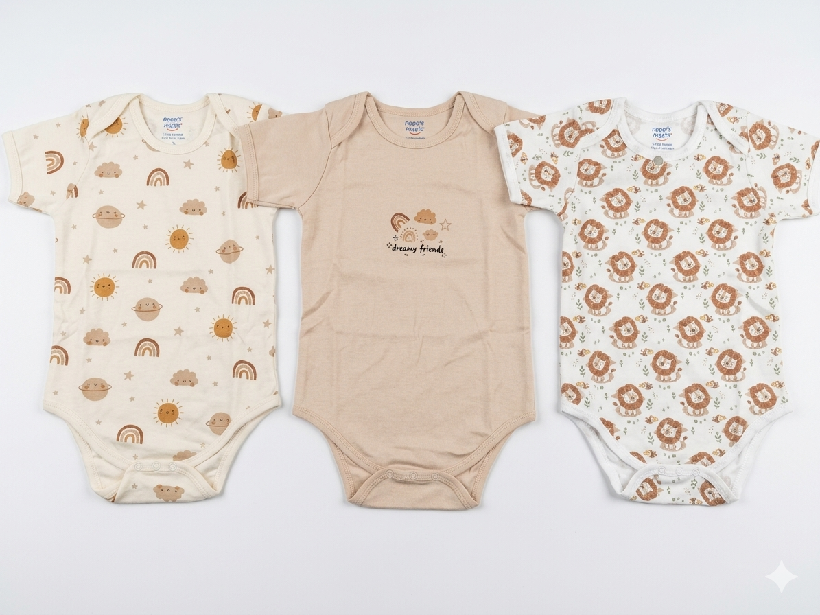 3 Pack Neutral Tone Baby Bodysuits Featuring Lion Prints Rainbows And Dreamy Friends Graphics