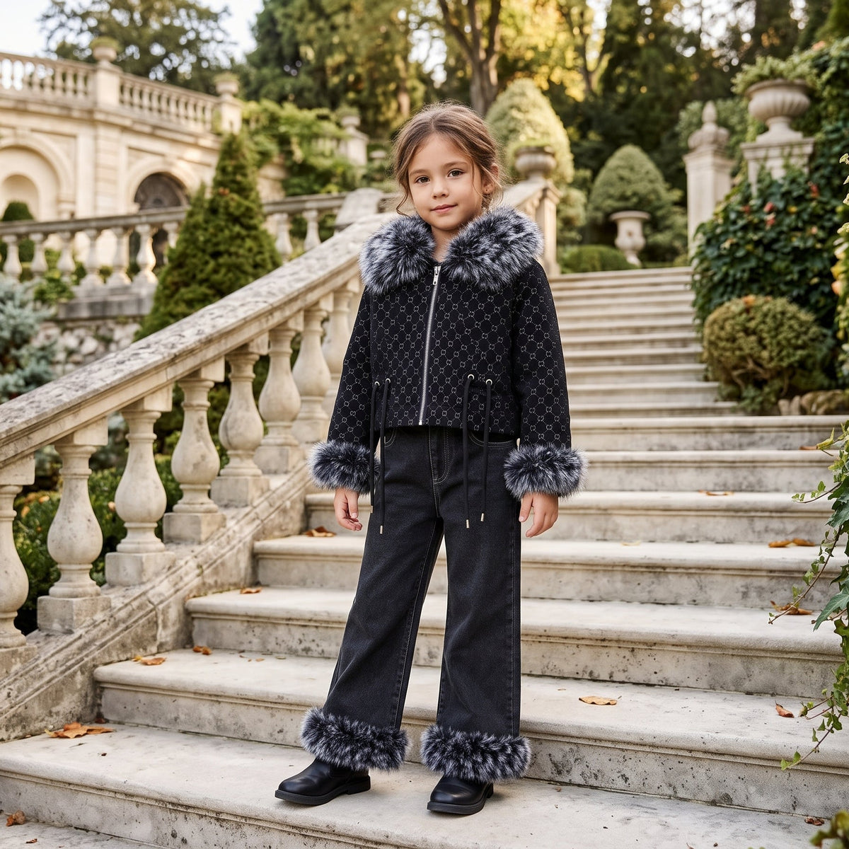 Girls Winter Faux Fur Trim Monogram Jacket And Matching Denim Trousers Set