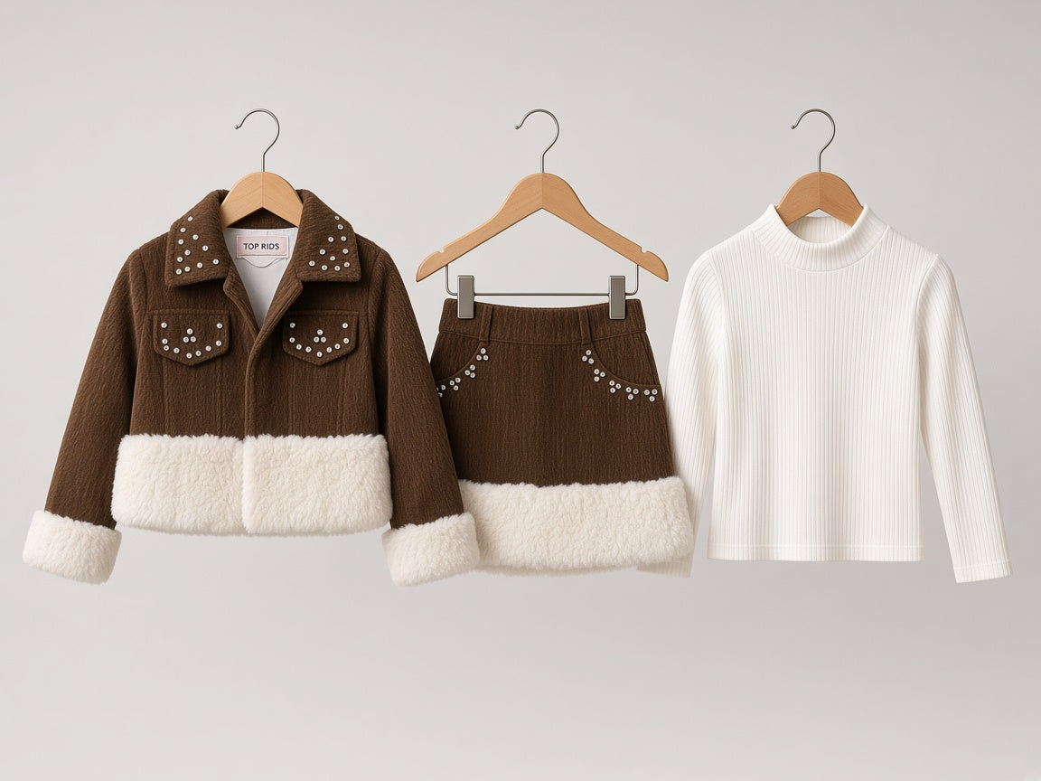 Girls Winter 3-Piece Fur Trimmed Jacket Skirt Set With Ribbed Inner High Neck