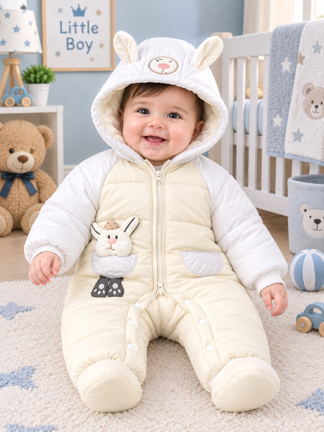 Baby Winter Padded Snowsuit Hooded Romper Jumpsuit With Pocket Bunny Applique Detail