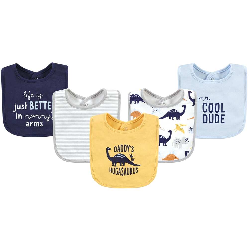 Hudson Baby Boy Cotton Bibs 5-Pack Set Hugasaurus Dinosaur And Mommy Daddy Feeding Essentials
