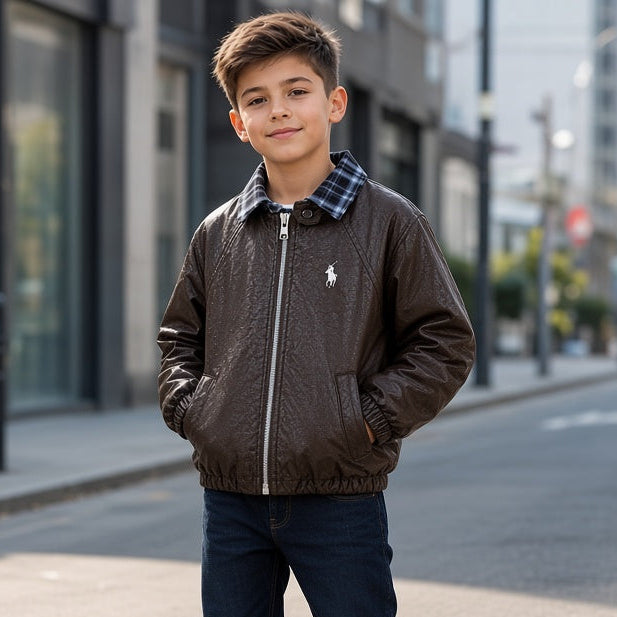 Stylish Faux Leather Jacket With Plaid Collar For Kids Cool Winter Outerwear Outfit