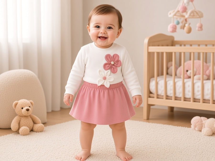 Stylish White Top With Floral Applique And Matching Pleated Skirt Set For Cute Little Girls