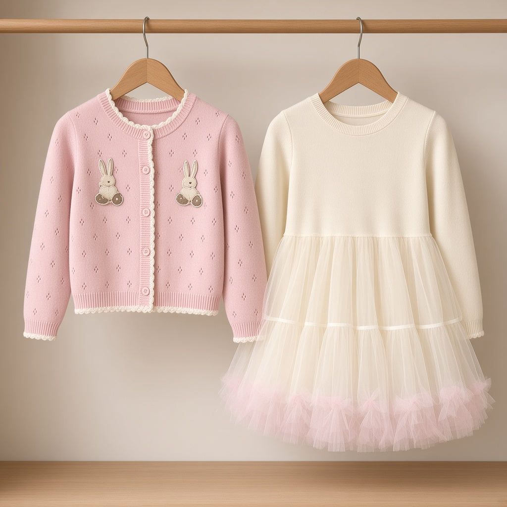 Stylish Kids Two Piece Bunny Embroidered Dress And Cardigan Winter Outfit Set