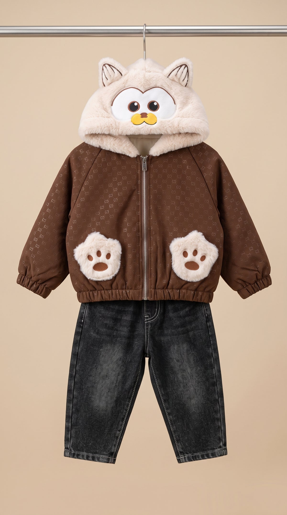 Cute Animal Hooded Jacket With Denim Jeans Winter Outfit For 4 Year Old Boys