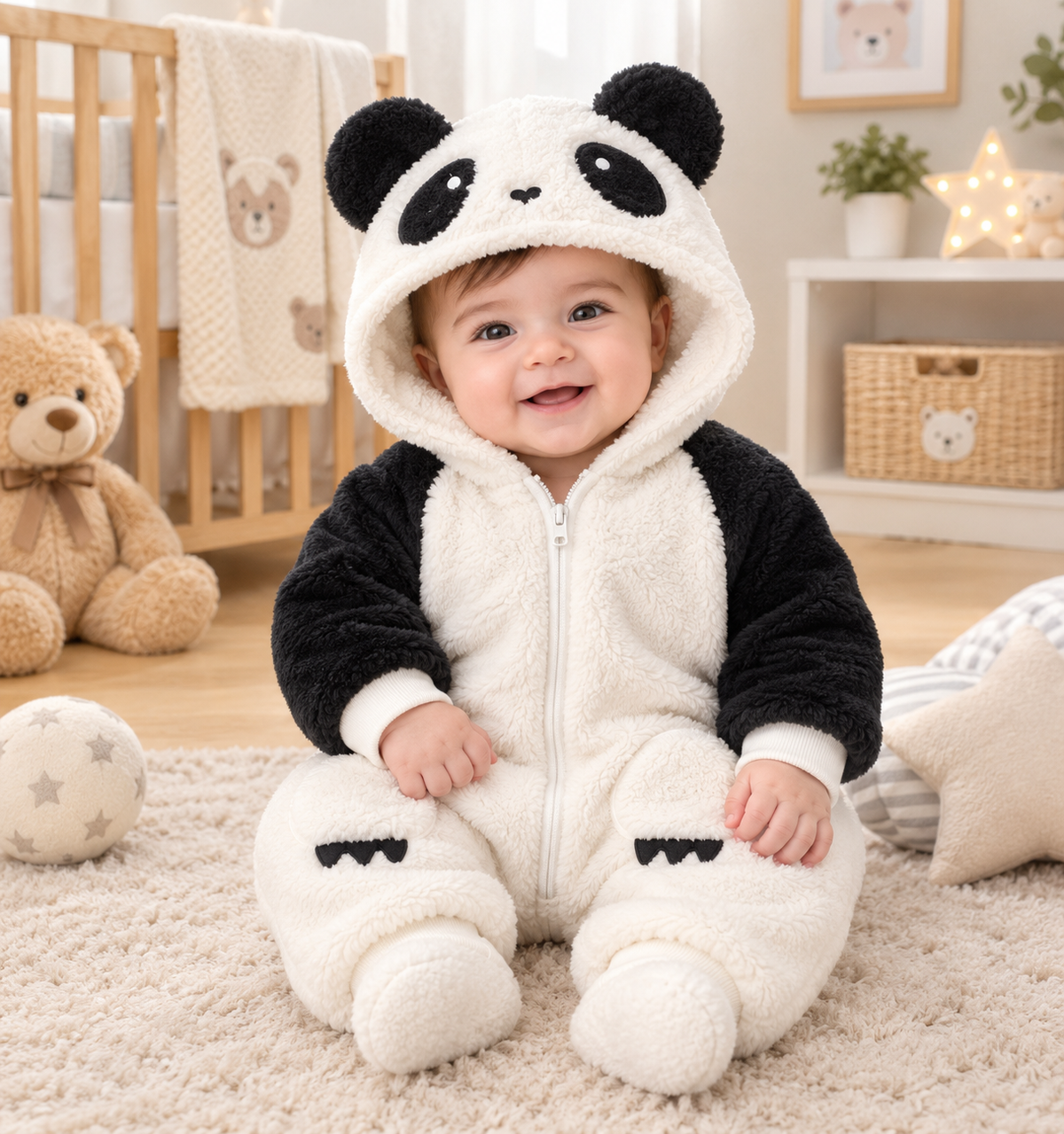 Baby Winter Cute Animal Panda Fleece Hooded Romper Jumpsuit Pajamas Onesie