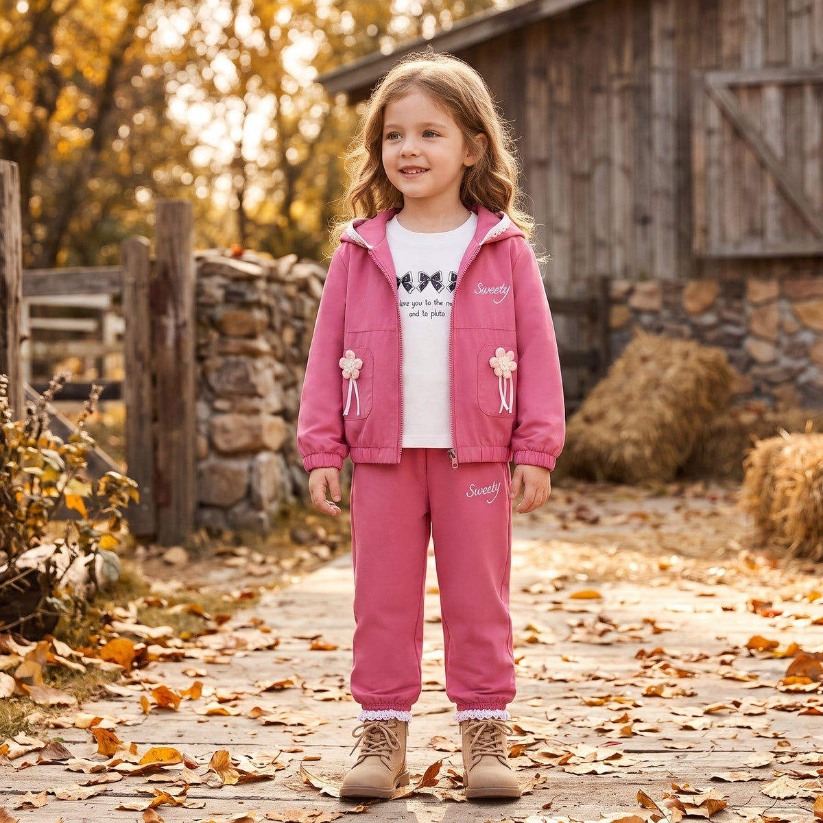 Girls Winter 3 Piece Tracksuit Set With Hooded Jacket Shirt And Trousers