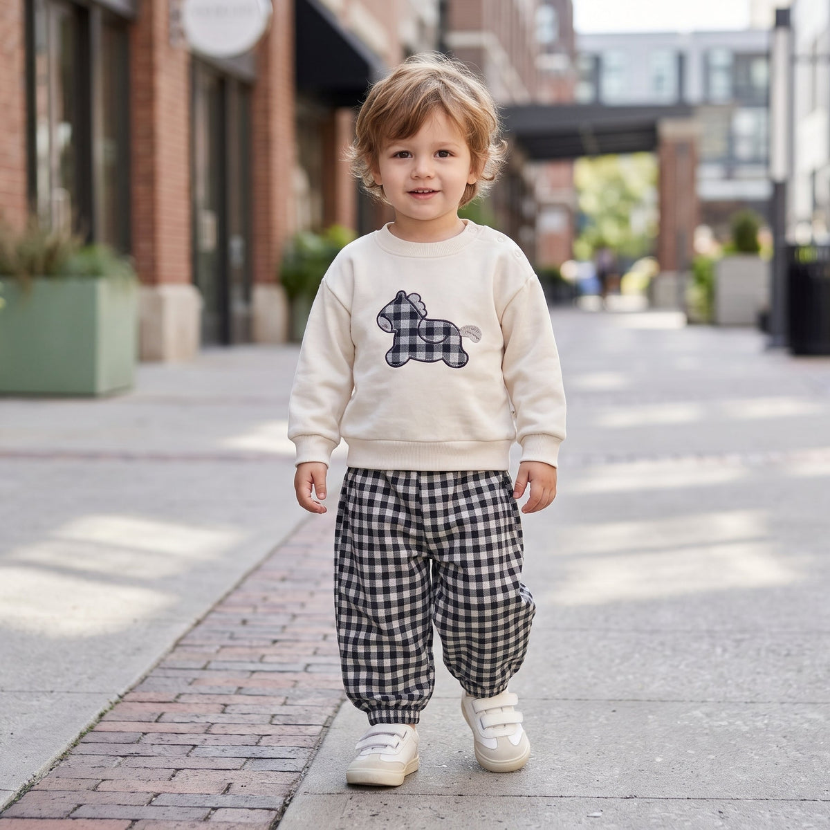 Kids Winter Crewneck Sweatshirt And Plaid Trousers 2 Piece Outfit Set