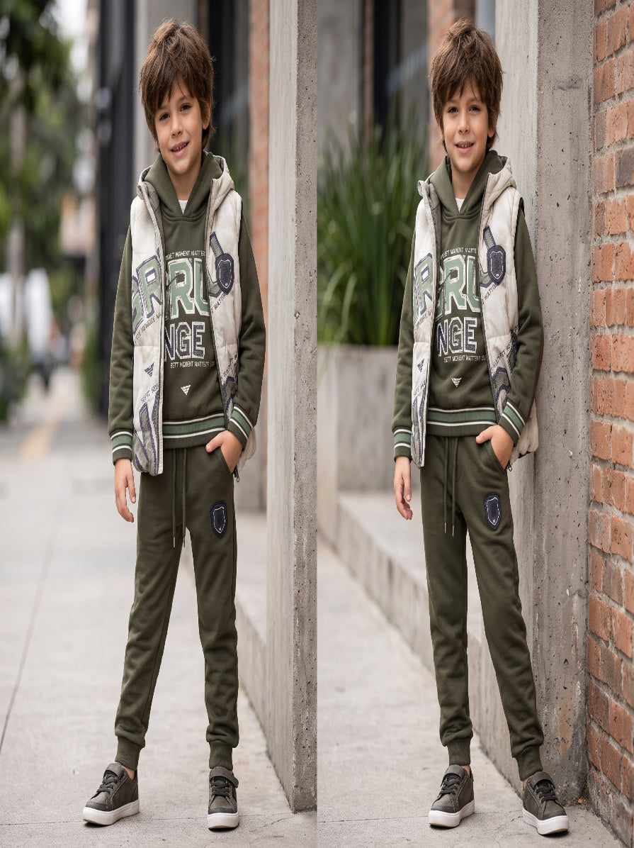 Stylish Boys Three Piece Winter Outfit Featuring Printed Hoodie Matching Trouser And Puffer Vest