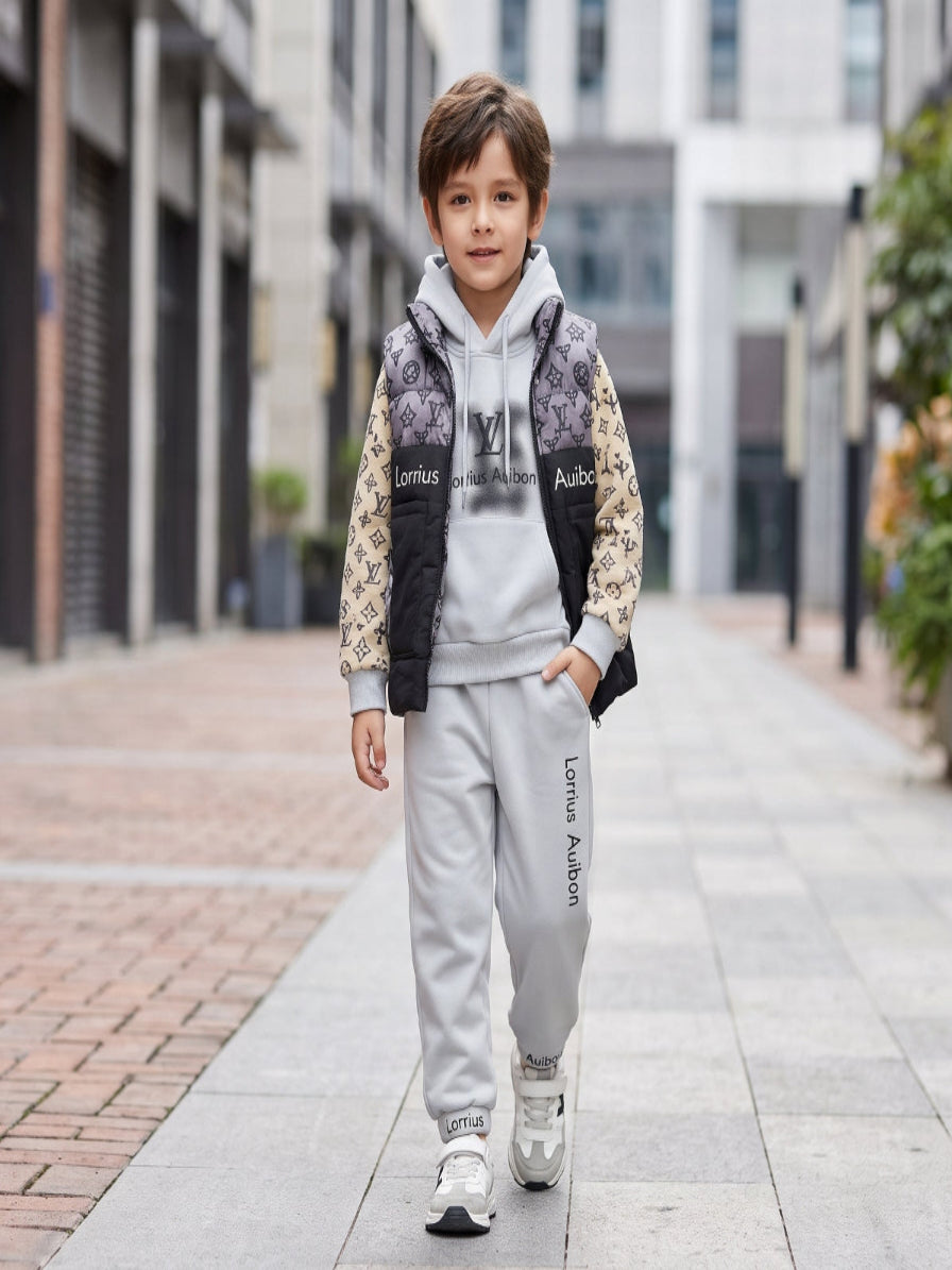 Stylish Boys Three Piece Winter Outfit Featuring Printed Hoodie Matching Trouser And Puffer Vest