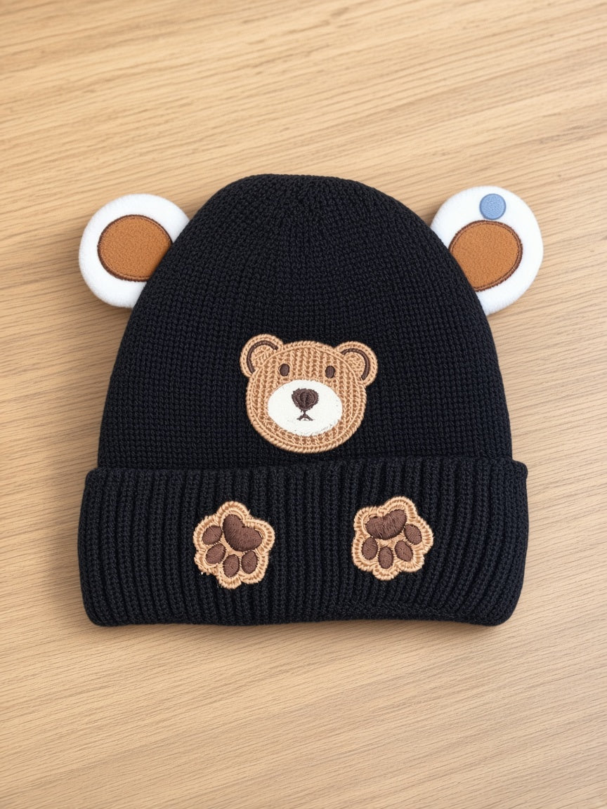 Kids Winter Knit Beanie Hat With Bear Applique Paw Prints And 3D Ears