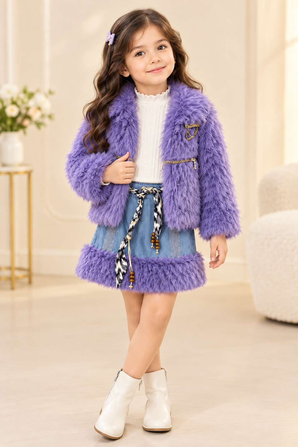 Girls Winter 3-Piece Fur Jacket Set Denim Skirt With Inner High Neck Top