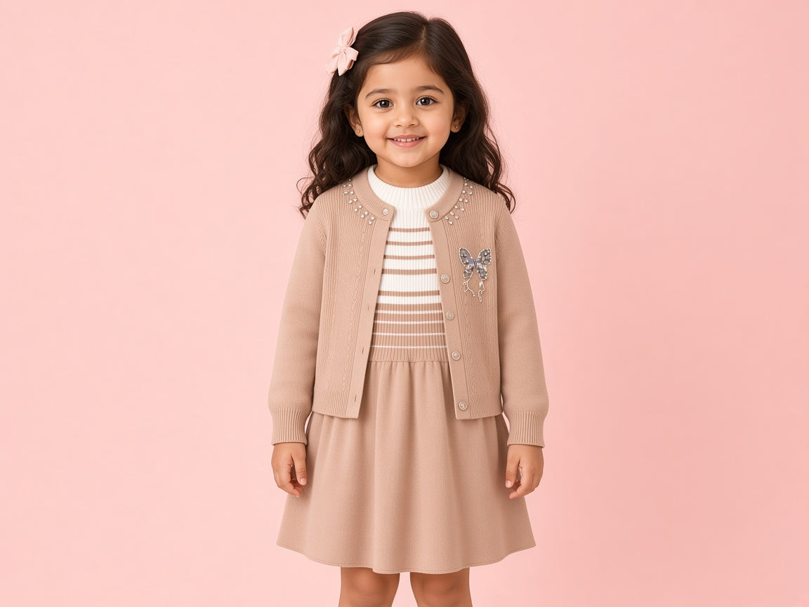 Girls Winter Knitted Sleeveless Frock Dress Set With Embellished Butterfly Cardigan Sweater