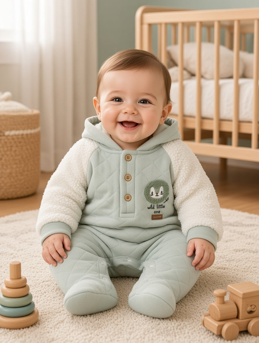 Baby Hooded Quilted Romper With Fluffy Sherpa Sleeves And Button Placket