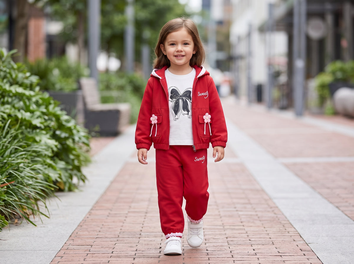 Girls Winter 3 Piece Tracksuit Set With Hooded Jacket Shirt And Trousers