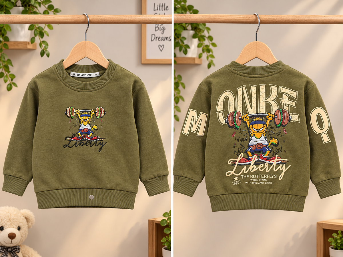 Kids Winter Printed Fleece Sweatshirt Weightlifting Garfield Graphic Front And Back Printed