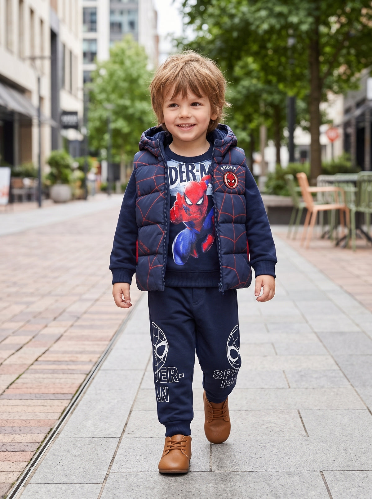 Spider-Man 3-Piece Outfit Set For Boys With Hooded Puffer Vest, Sweatshirt, And Joggers