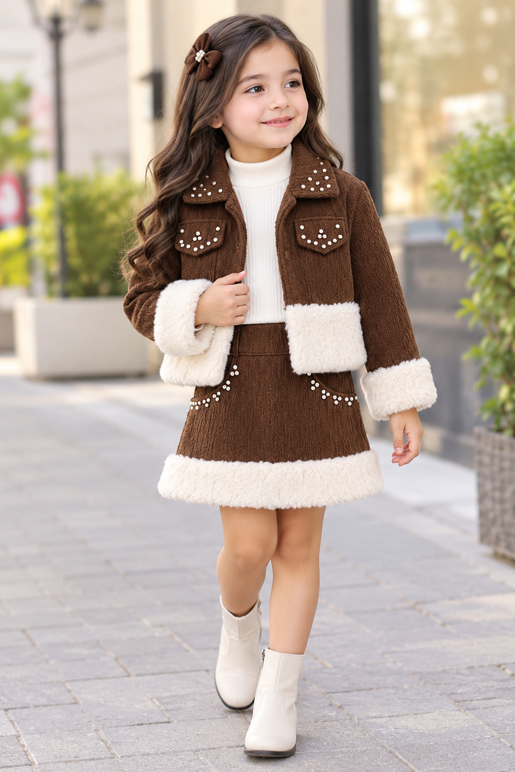Girls Winter 3-Piece Fur Trimmed Jacket Skirt Set With Ribbed Inner High Neck