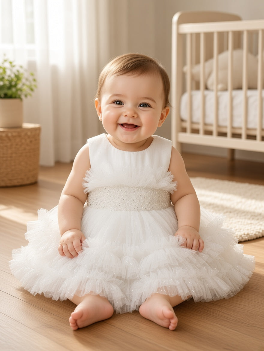 Gorgeous Fluffy Tulle Party Dress With Sparkling Brooch Detail For Cute Little Baby Girls