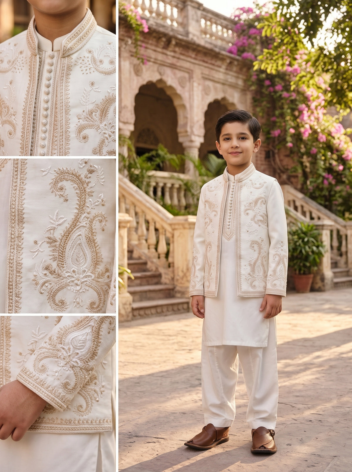 Boys Off White Traditional Kurta Shalwar with Gold Embroidered Waistcoat Festive Kids Wear