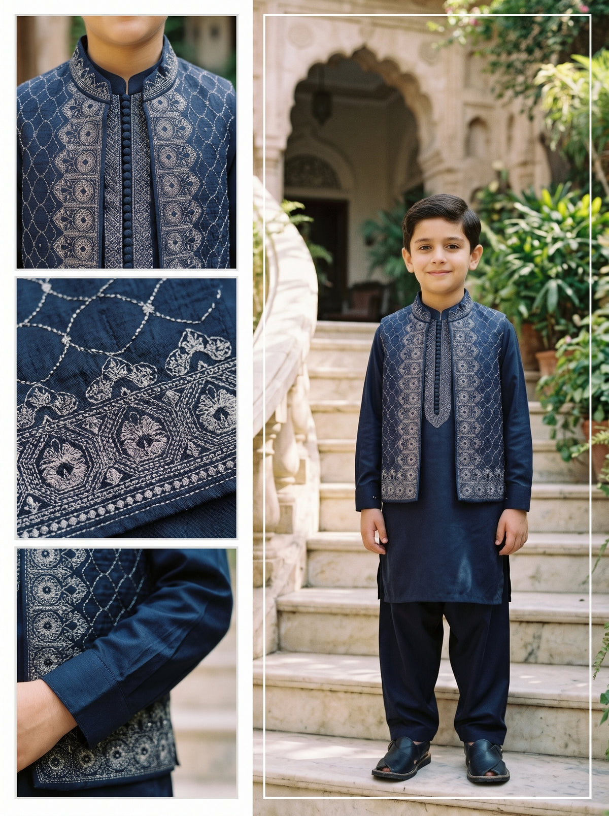 Boys Blue Traditional Kurta Shalwar with Silver Embroidered Waistcoat Festive Kids Wear