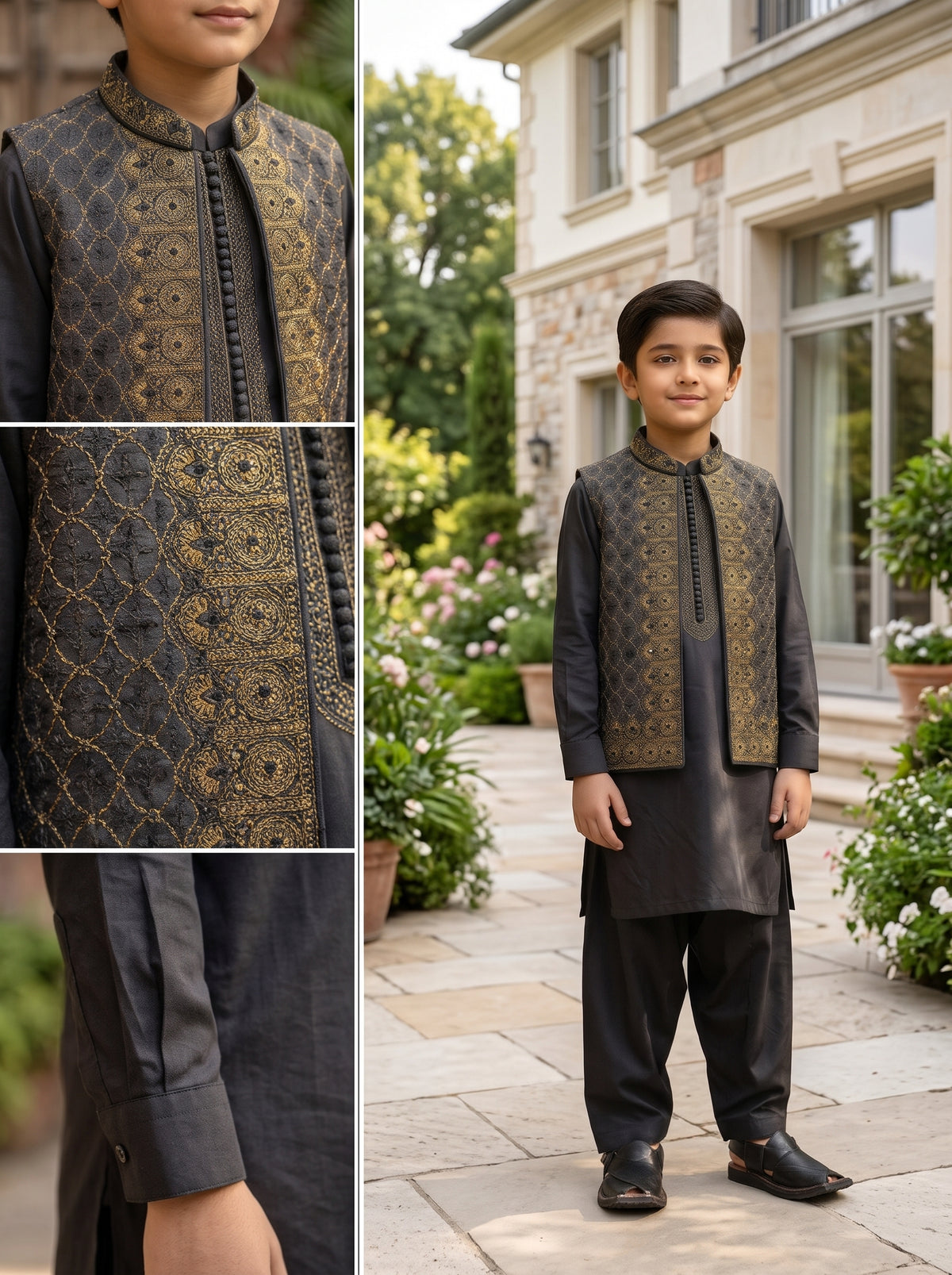 Boys Black Traditional Kurta Shalwar with Gold Embroidered Waistcoat Festive Kids Wear