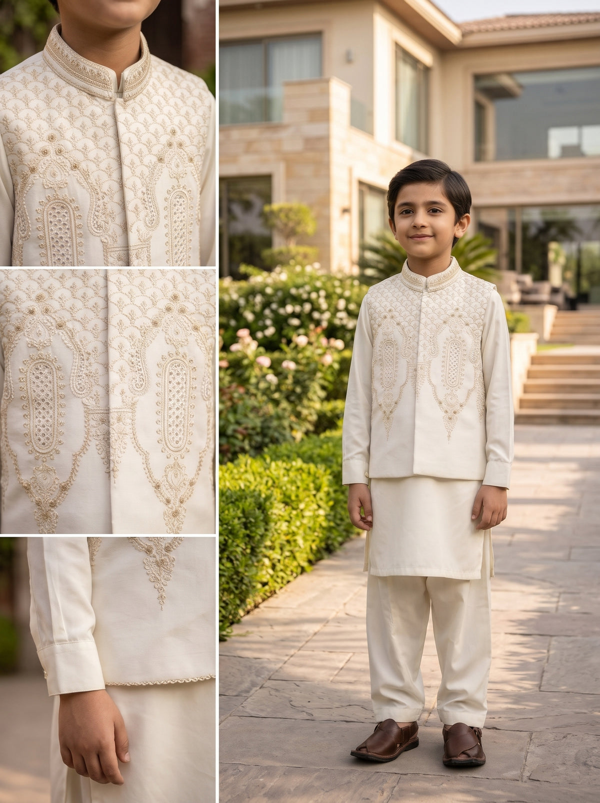 Boys Off White Traditional Kurta Shalwar with Embroidered Waistcoat Festive Kids Wear